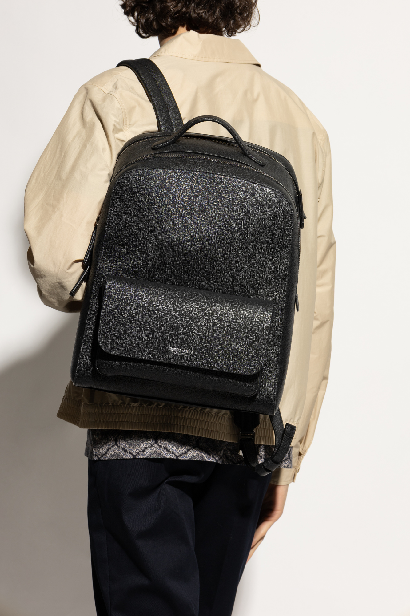 バックパック・リュック Giorgio Armani Grained Calf Leather Backpack Giorgio Armani Men's Tumbled Calf Leather Backpack